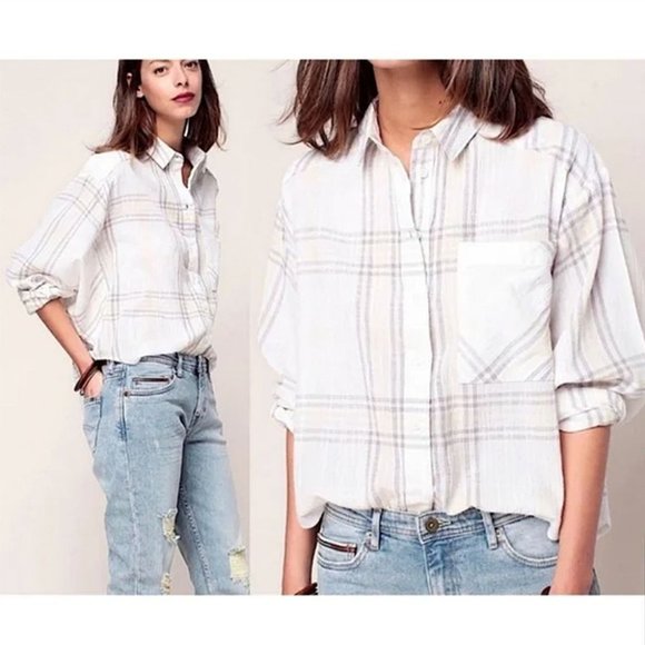 FREE PEOPLE Cutie Ivory Plaid Batwing Button Front Shirt Sz S - Picture 3 of 10